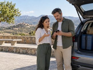 Dos viajeros consultan un teléfono junto a su coche en una zona de descanso