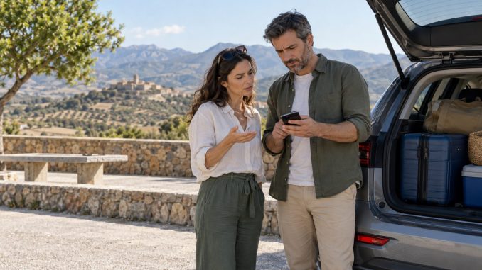 Dos viajeros consultan un teléfono junto a su coche en una zona de descanso