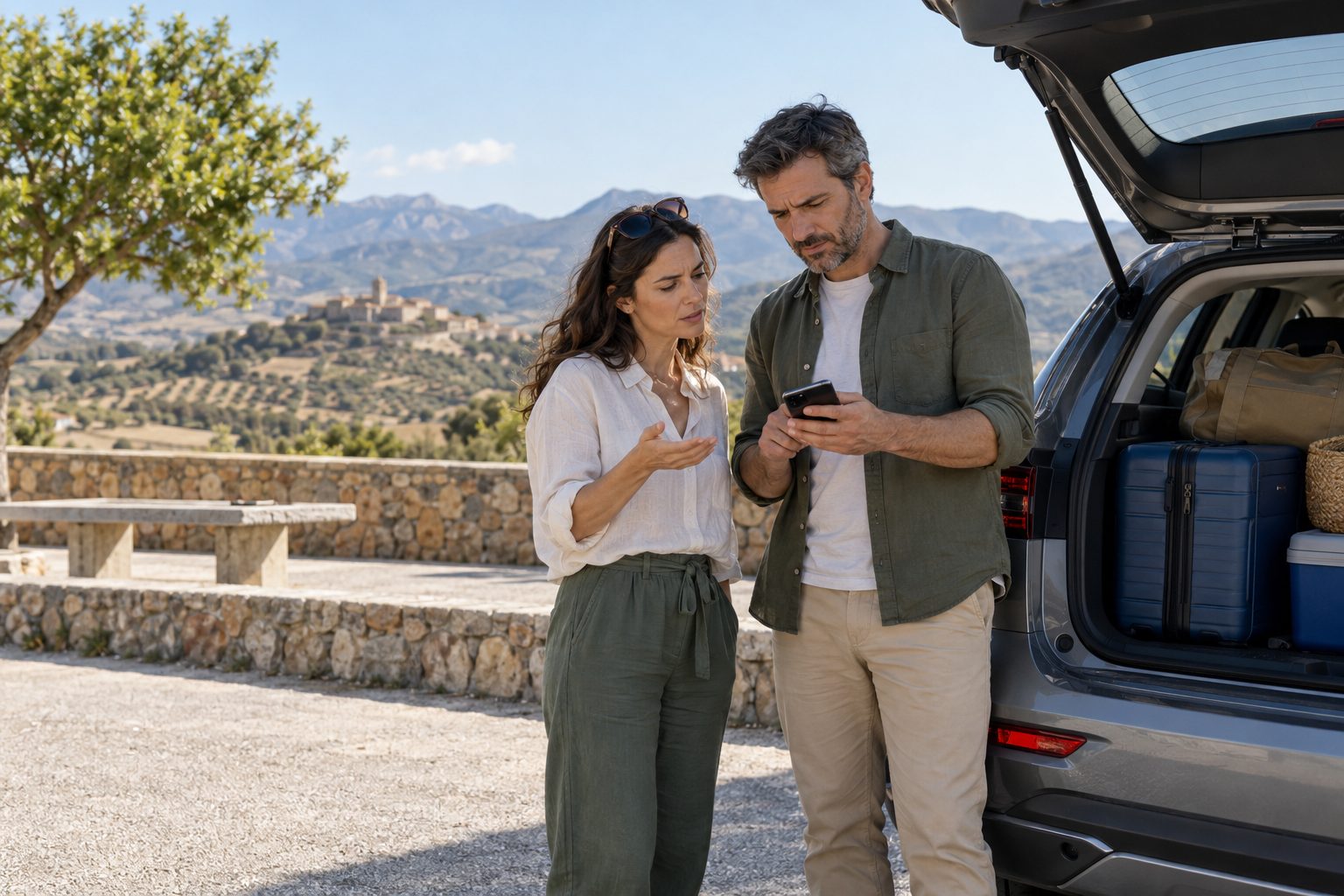 Gestiones durante una interrupción del viaje Dos viajeros consultan un teléfono junto a su coche en una zona de descanso