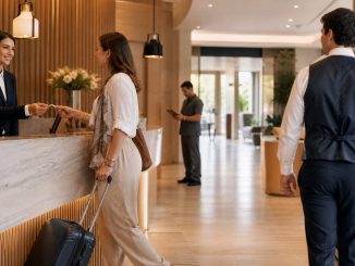 Viajera atendida en un hotel mientras el equipo coordina digitalmente el mantenimiento