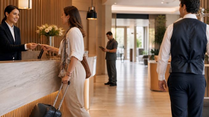 Viajera atendida en un hotel mientras el equipo coordina digitalmente el mantenimiento