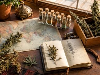 Mapa del mundo con viales de semillas y especímenes botánicos de cannabis