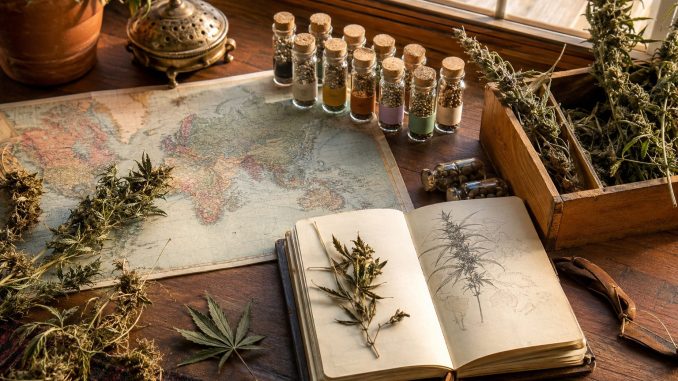 Mapa del mundo con viales de semillas y especímenes botánicos de cannabis