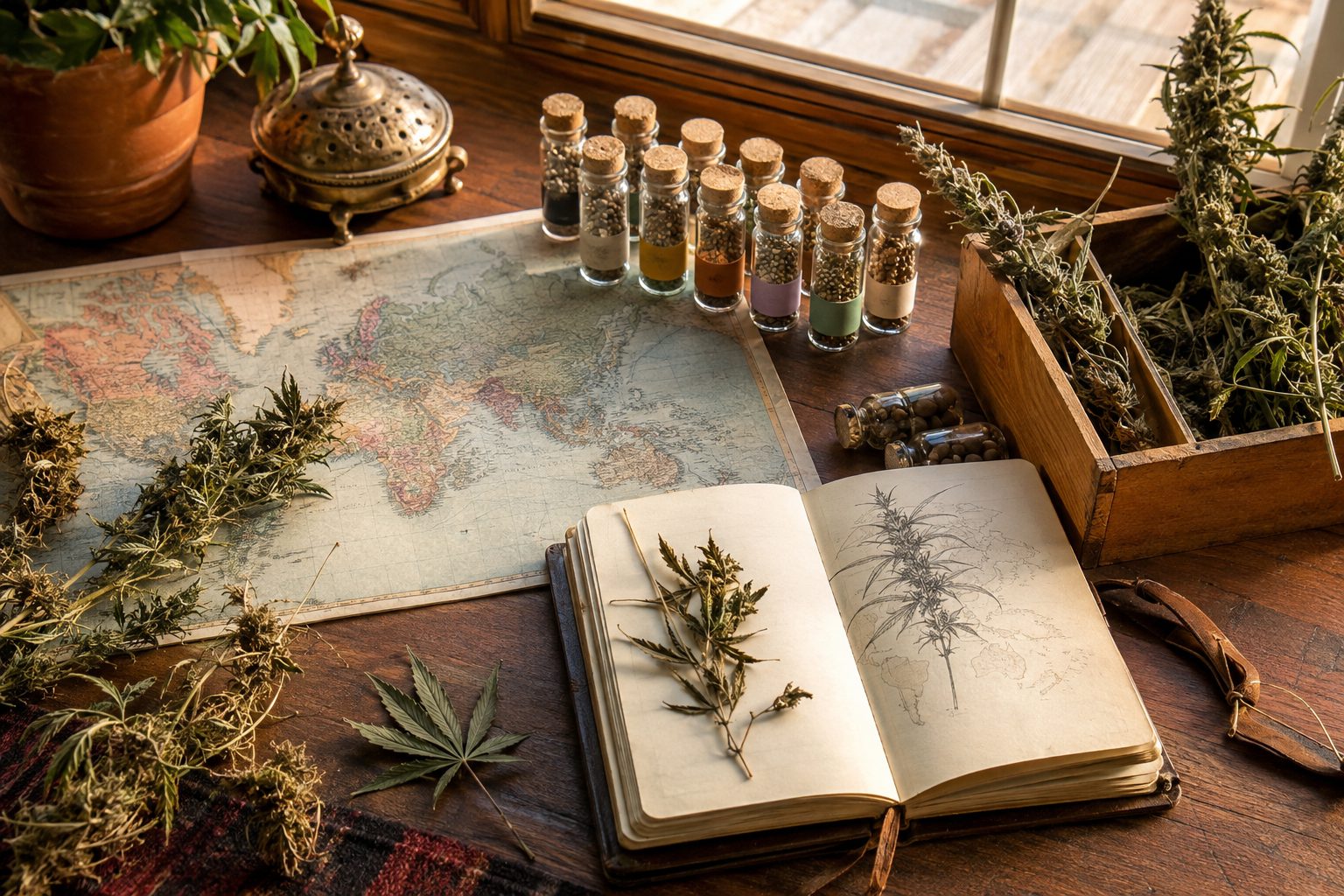 Semillas de marihuana y diversidad mundial Mapa del mundo con viales de semillas y especímenes botánicos de cannabis
